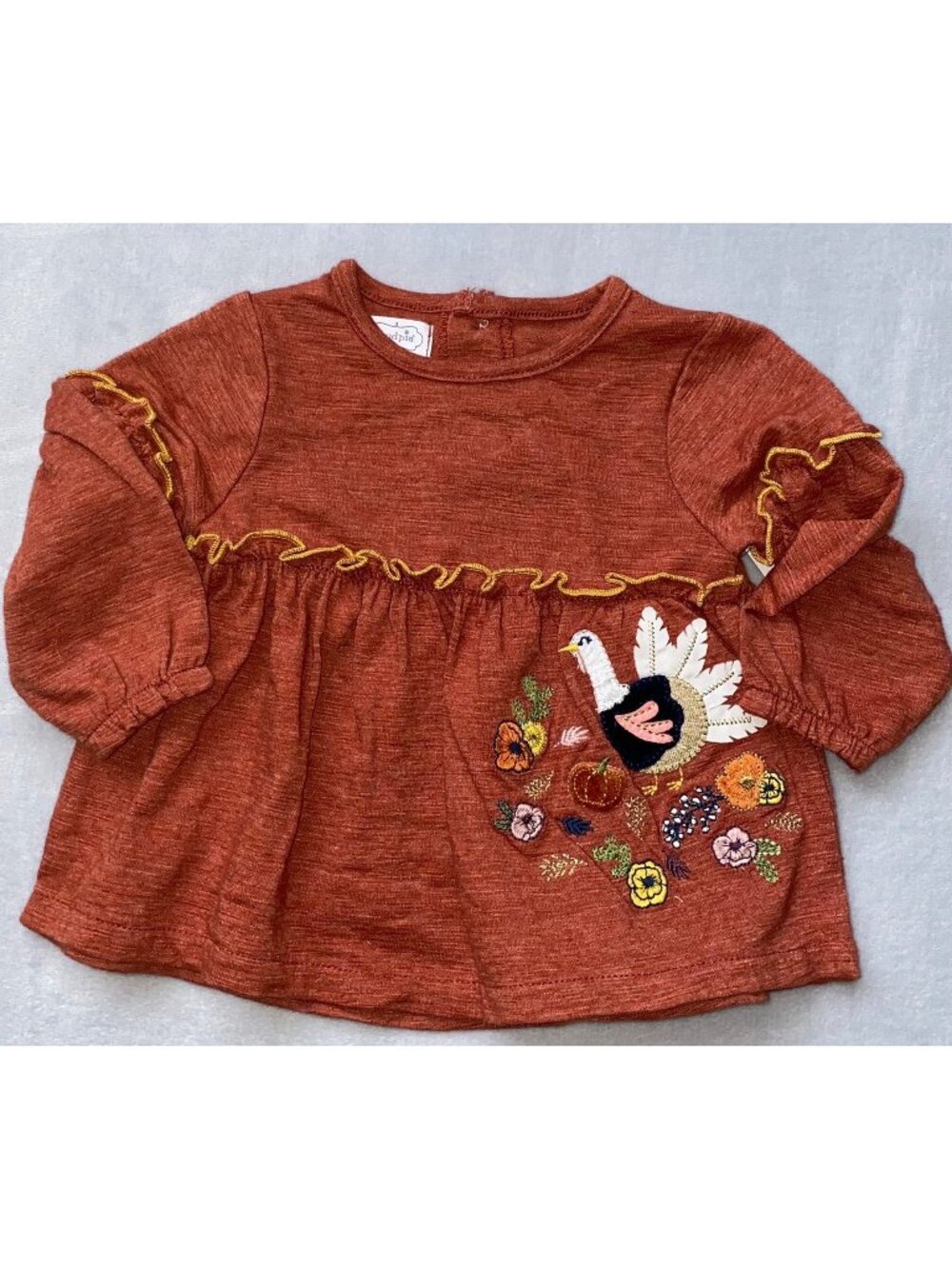 Mud Pie 3m 6m NWT Thanksgiving turkey tunic shirt orange applique embroidery